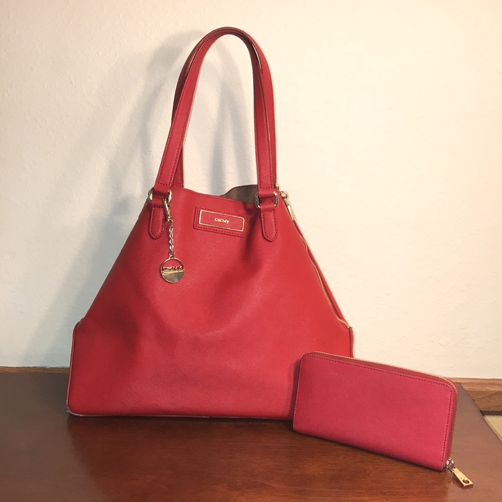 DKNY Large Saffiano Leather Tote and Wallet, Red - Picture 2 of 16